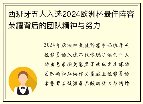 西班牙五人入选2024欧洲杯最佳阵容荣耀背后的团队精神与努力 西班牙五人入选2024欧洲杯最佳阵容荣耀背后的团队精神与努力