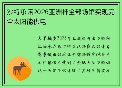 沙特承诺2026亚洲杯全部场馆实现完全太阳能供电 沙特承诺2026亚洲杯全部场馆实现完全太阳能供电